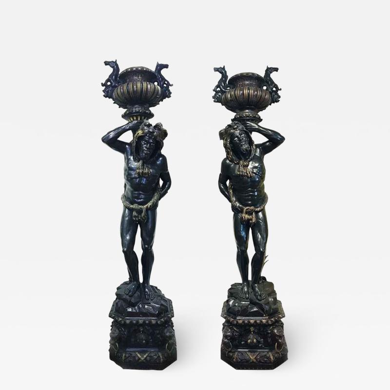 Pair of 19th C Italian Ebonized Polychrome Wood Blackamoor Figures