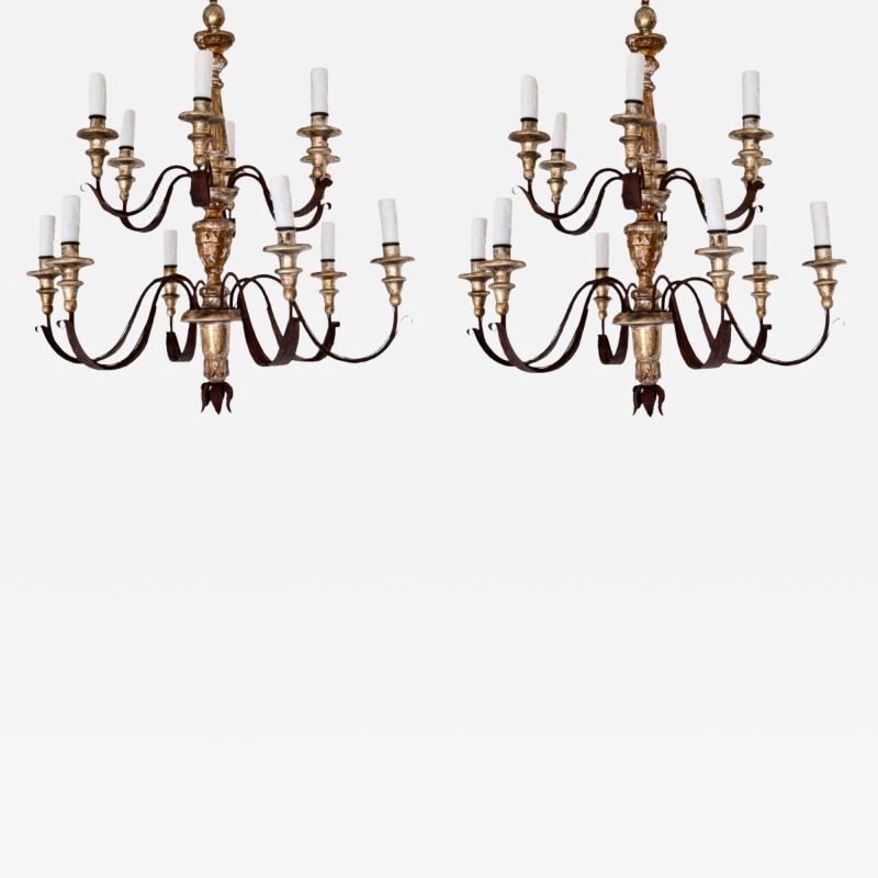 Pair of 19th Century 12 Lite Tuscan Silverleaf Chandeliers