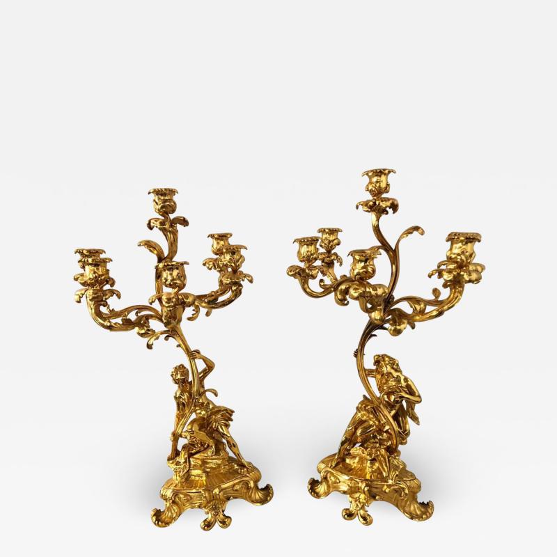 Pair of 19th Century Bronze 24 Carat Gold Plated Six Arm Figural Candelabras