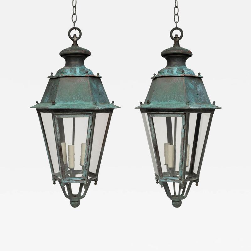 Pair of 19th Century French Copper and Glass Paneled Lanterns
