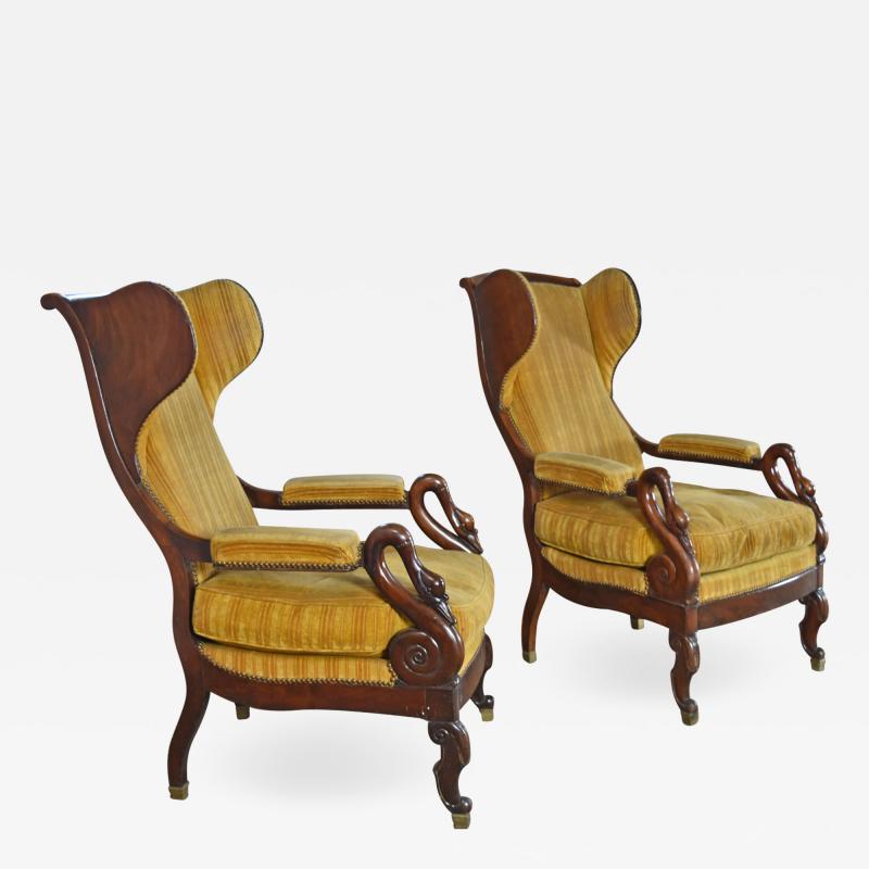Pair of 19th Century French Empire Mahogany Wing Back Armchairs