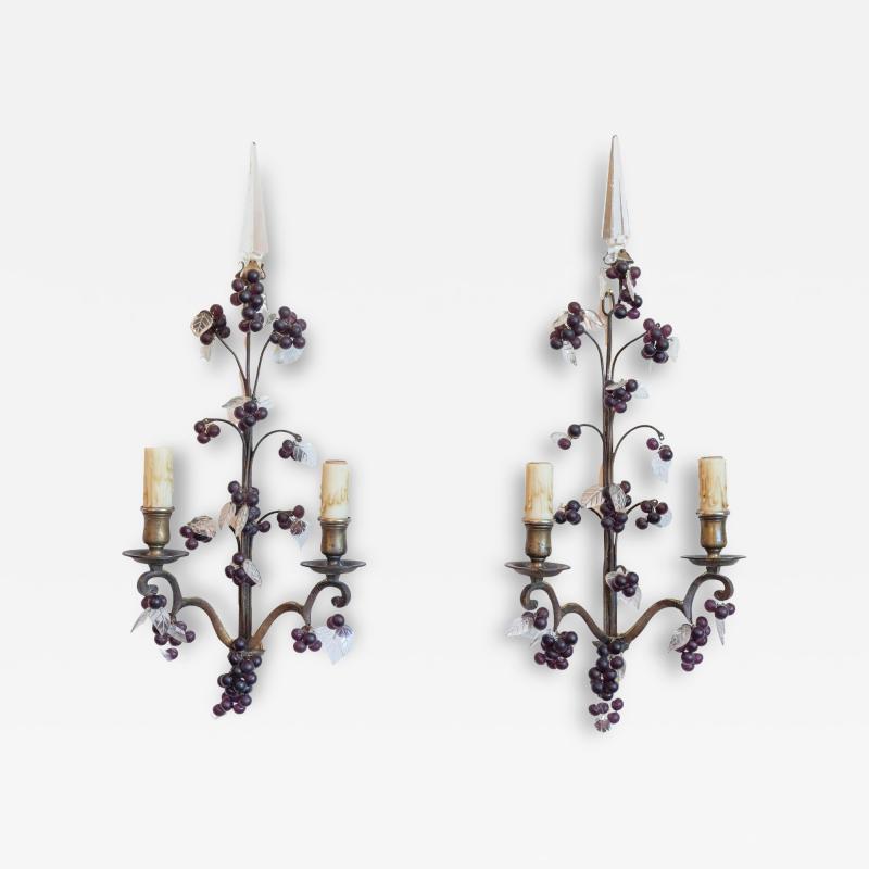 Pair of 19th Century French Grape and Crystal Wall Sconces