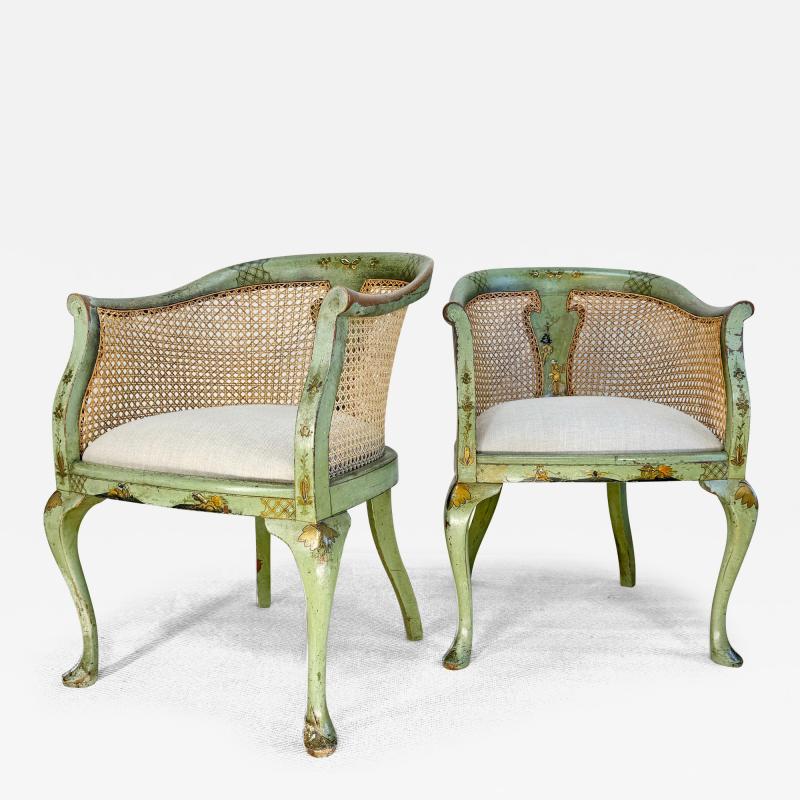 Pair of 19th Century Green Queen Anne Revival Chinoiserie Bergere Chairs