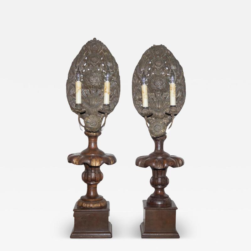 Pair of 19th Century Italian Carved Wood and Gilt Candlesticks with Floral Motif