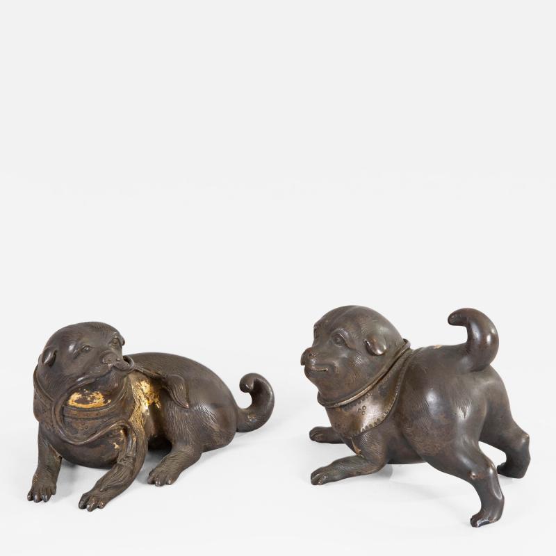 Pair of 19th Century Japanese Bronze Playful Puppies