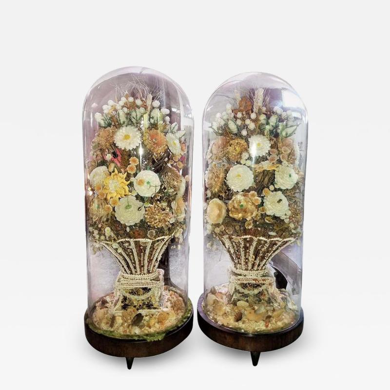 Pair of 19th Century Shell Art Floral Bouquets under Glass Domes