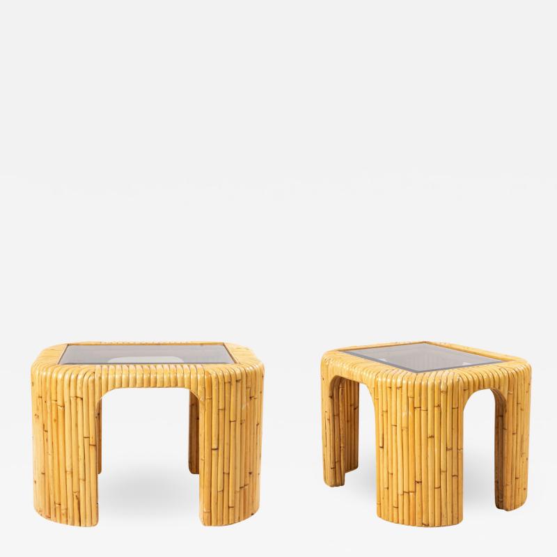 Pair of 2 Contemporary Rattan and Smoked Glass End Tables