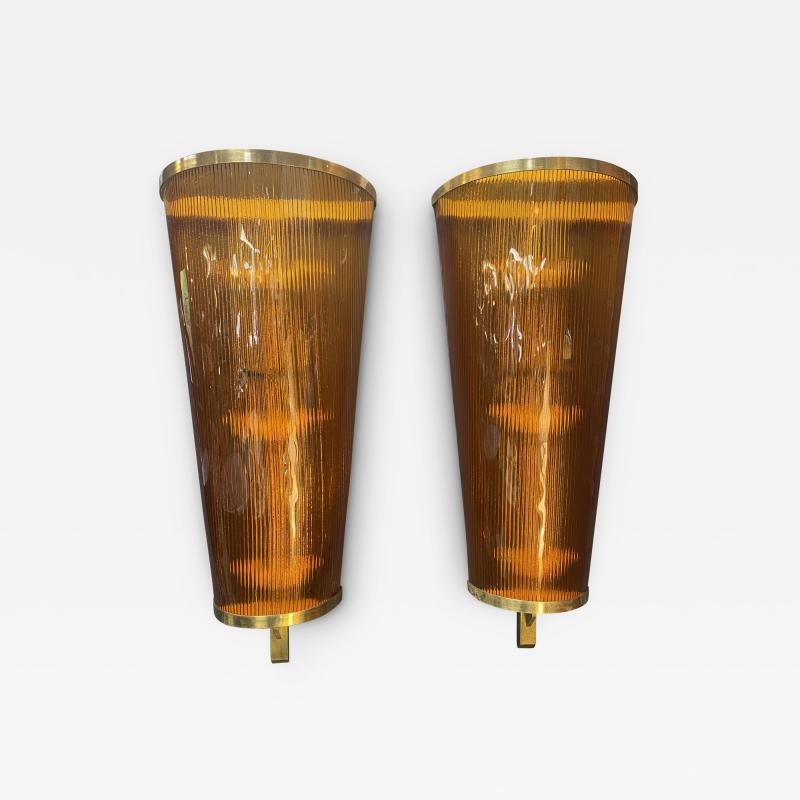 Pair of 2 Italian Vintage Orange and Brass Wall Sconces 1980s