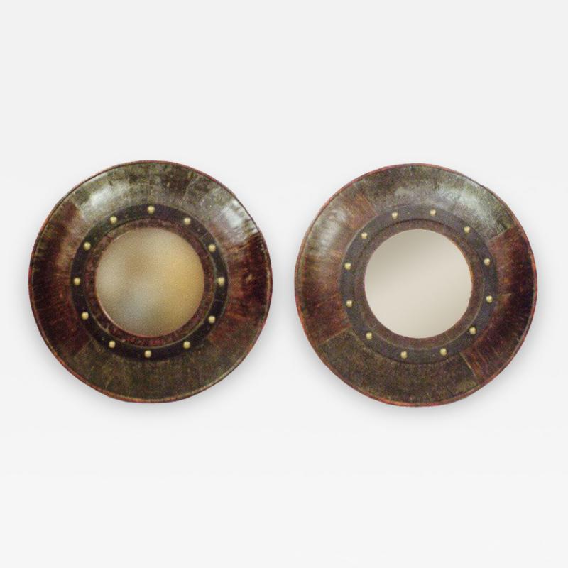 Pair of 20th Century Exotic Wood Hammered Brass and Leather Round Mirrors