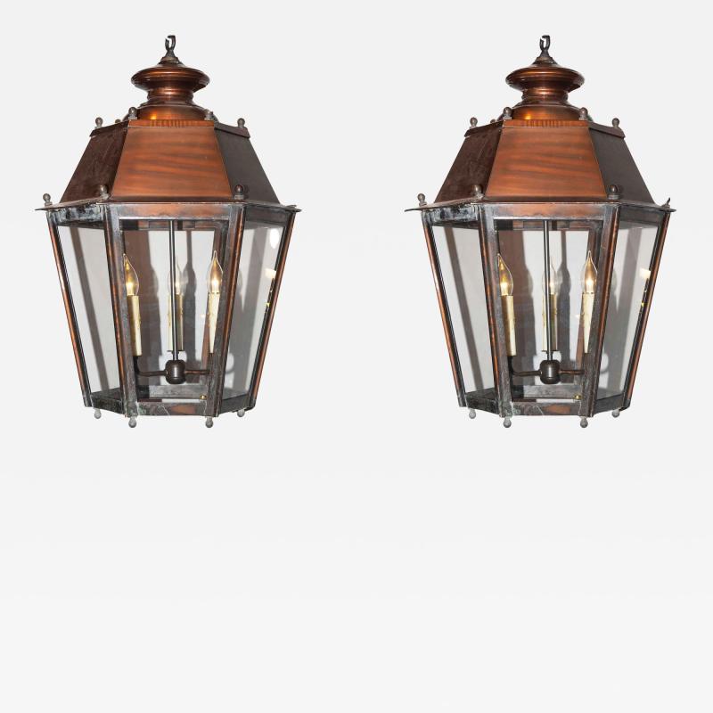 Pair of 20th Century French Hexagonal Copper and Iron Lanterns