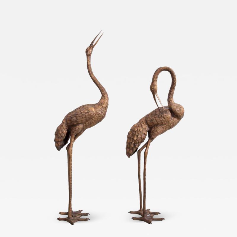 Pair of 4 5 Feet Tall Brass Flamingo or Crane Sculptures