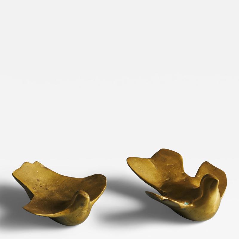 Pair of Abstract Minimalist Cast Bronze Bird Sculptures Greece c 1960