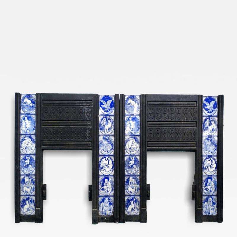 Pair of Aesthetic Movement Cast Fire Inserts with Mintons Aesops Fables Tiles