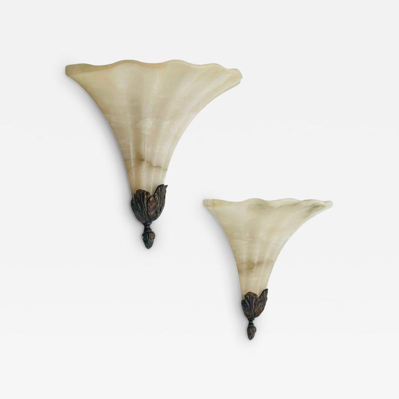Pair of Alabaster Bronze Post Modern Wall Sconces
