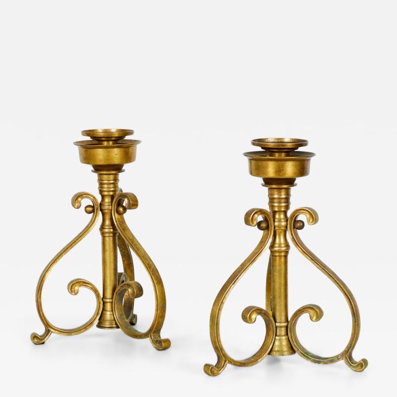 Pair of American Art Deco Bronze Scroll Design Candlesticks