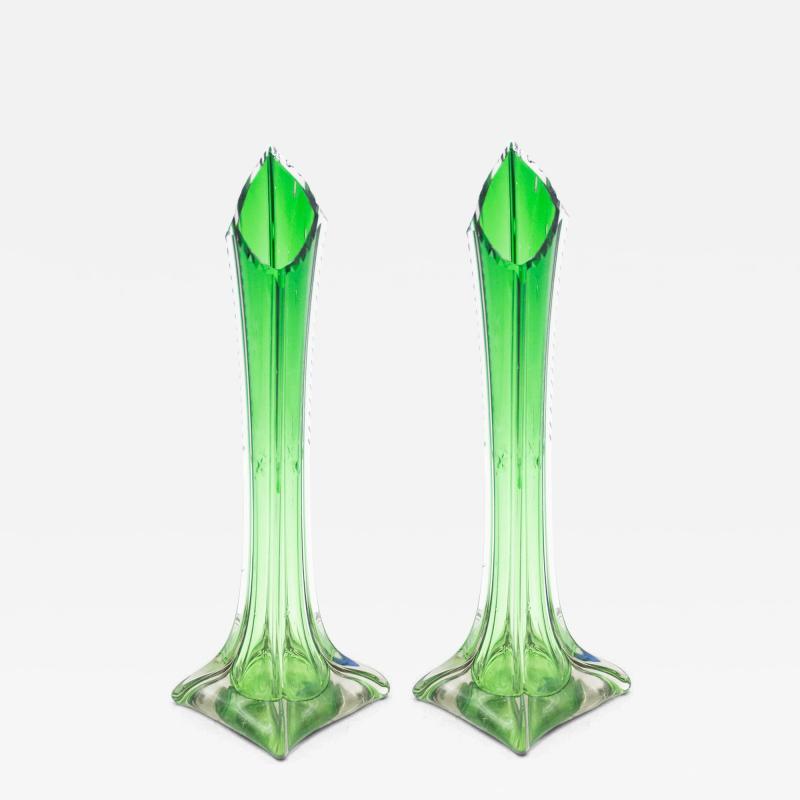 Pair of American Art Deco Green Glass Bud Vases