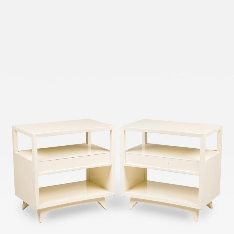 Pair of American Contemporary White Two Tier Concave End Table