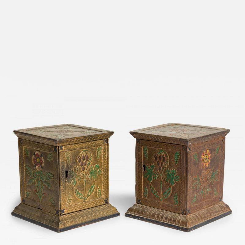 Pair of American Country Antique Cast Metal Floral Design Rectangular Coin Banks