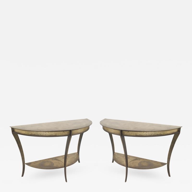 Pair of American Mid Century Brass and Steel D Shaped Demilune Console Tables