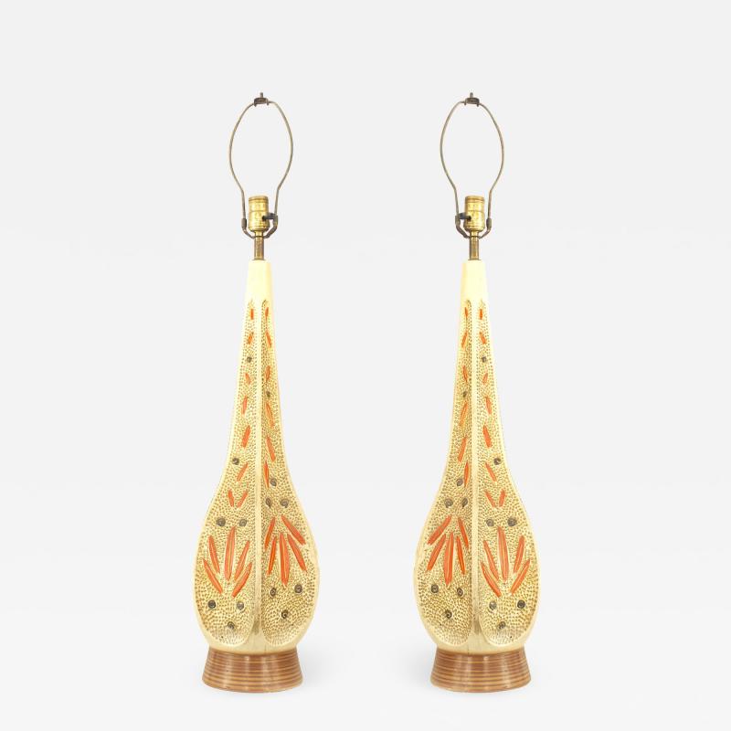 Pair of American Mid Century Ceramic 6 Sided Textured Table Lamps