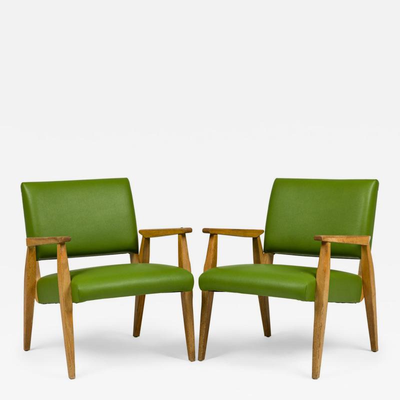 Pair of American Mid Century Green Leather Arm Chairs