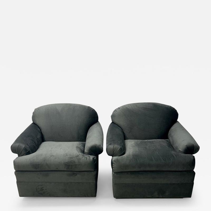 Pair of American Mid Century Modern Grey Swivel Lounge Chairs Scroll Arm