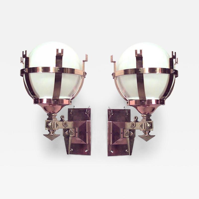 Pair of American Mission Bronze Copper and White Glass Wall Sconces