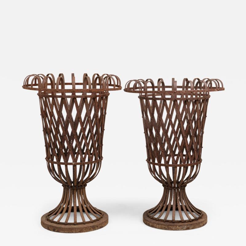 Pair of American Victorian Outdoor Wrought Iron Woven Garden Urns