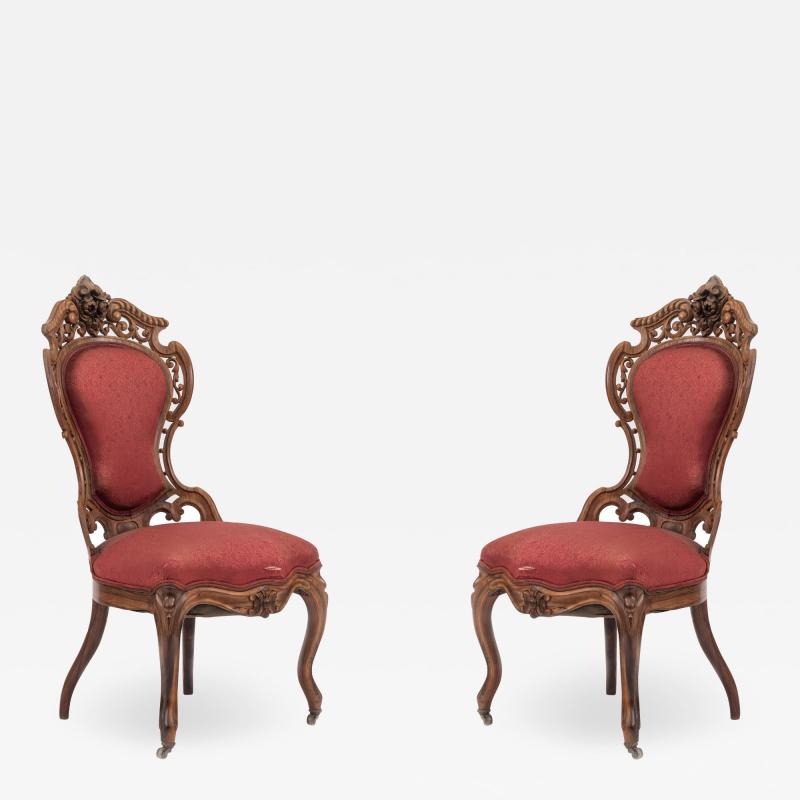 Pair of American Victorian Red Damask Side Chairs