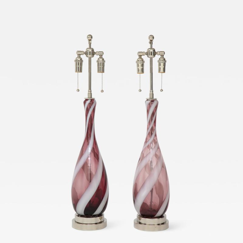 Pair of Amethyst Murano Glass Candy Striped Lamps 