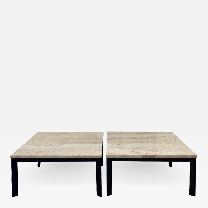 Pair of Angular Leg Coffee Tables with Travertine Tops 1950s