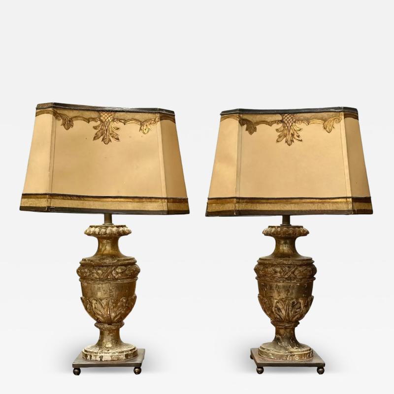 Pair of Antique 18th C Giltwood Urn Form Mantle Lamps