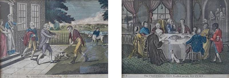 Pair of Antique 18th C Prodigal Son Engraving Prints Framed