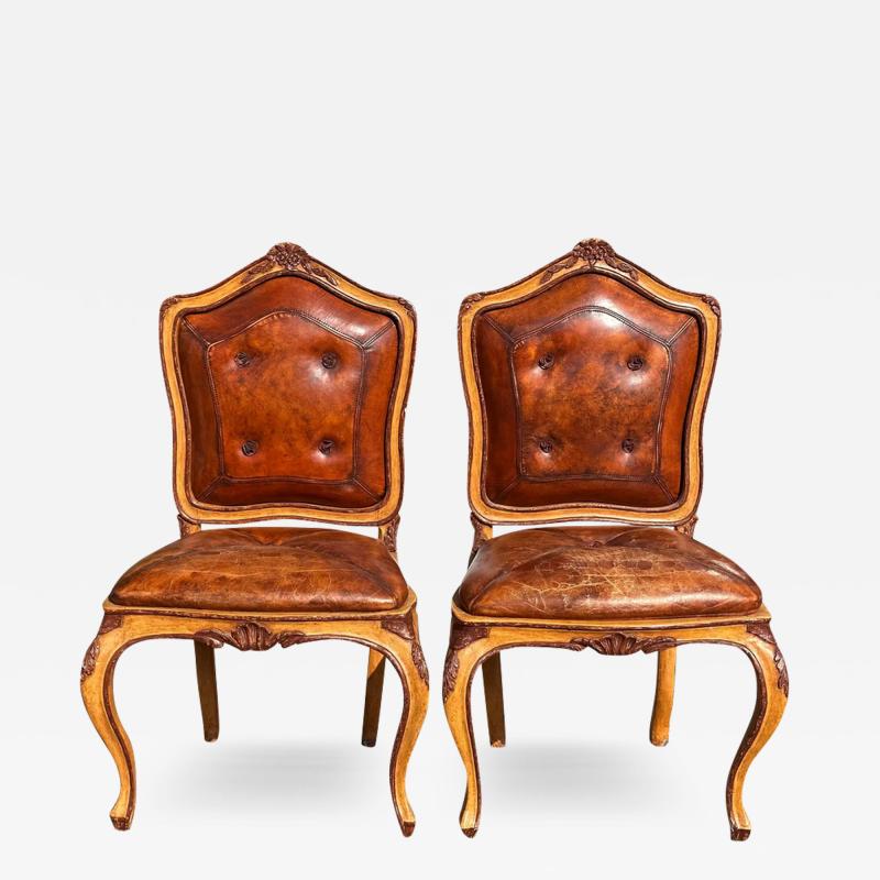 Pair of Antique 18th C Side Chairs With Distressed Leather Seats