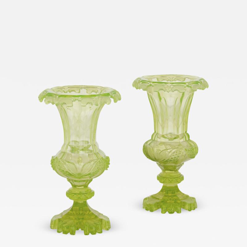 Pair of Antique 19th Century Bohemian Green Cut Glass Vases