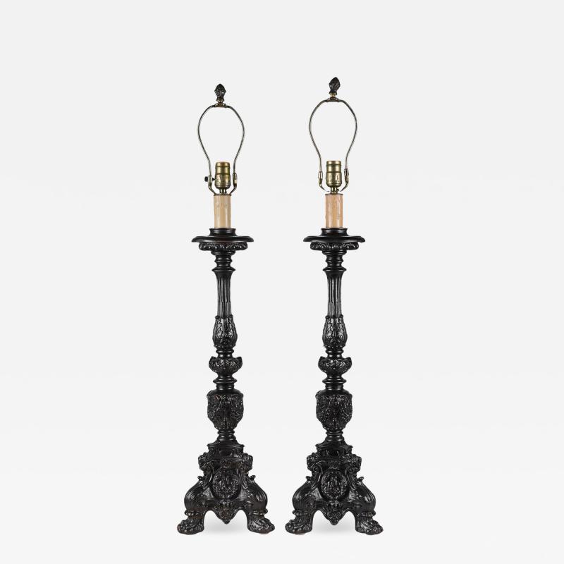Pair of Antique Black Painted Metal Altar Candlesticks Now Lamps