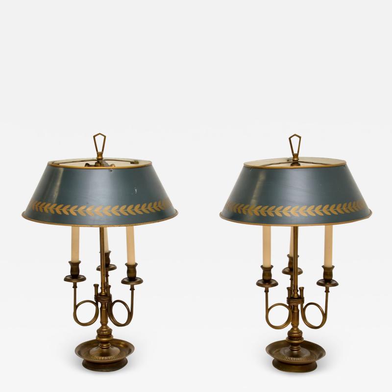 Pair of Antique Brass Table Lamps with Tole Shades