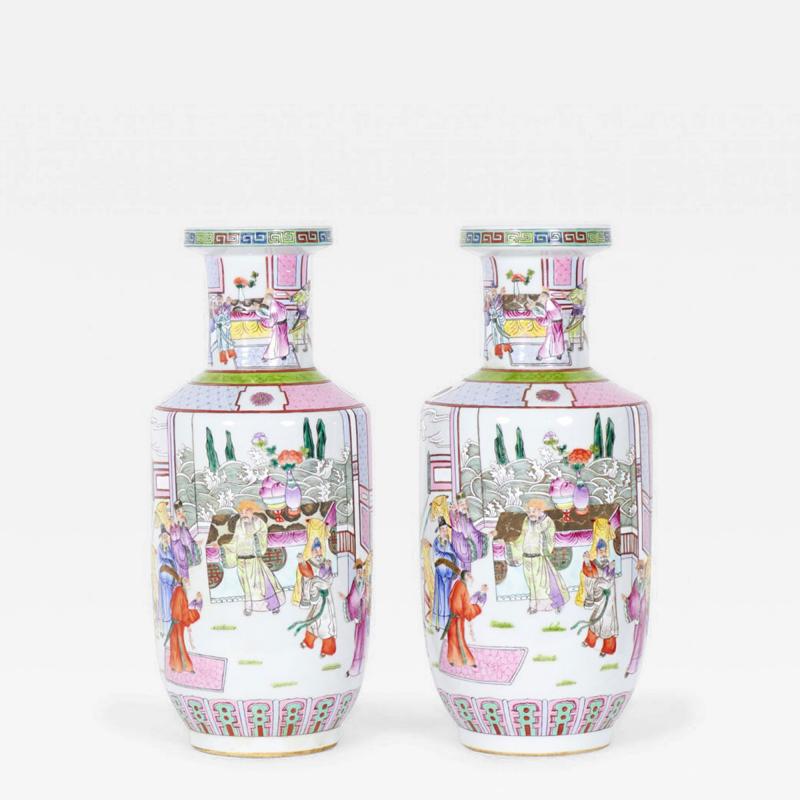 Pair of Antique Chinese Court Genre Scene Design Porcelain Rouleau Form Vases