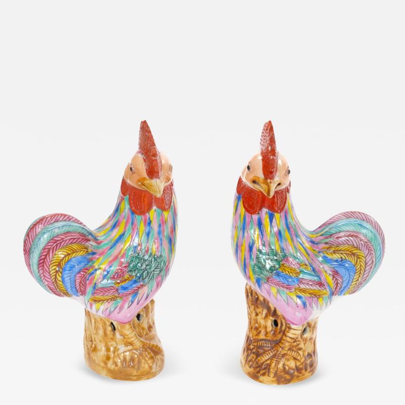 Pair of Antique Chinese Export Porcelain Roosters