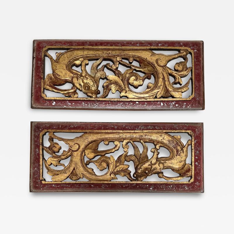 Pair of Antique Chinese Red and Gold Giltwood Temple Carvings W Dragons