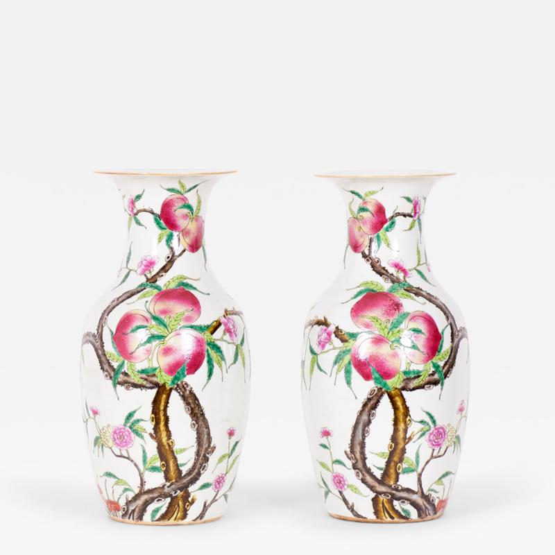 Pair of Antique Chinese Urn Shaped Flowering Fruit Tree Design Porcelain Vases