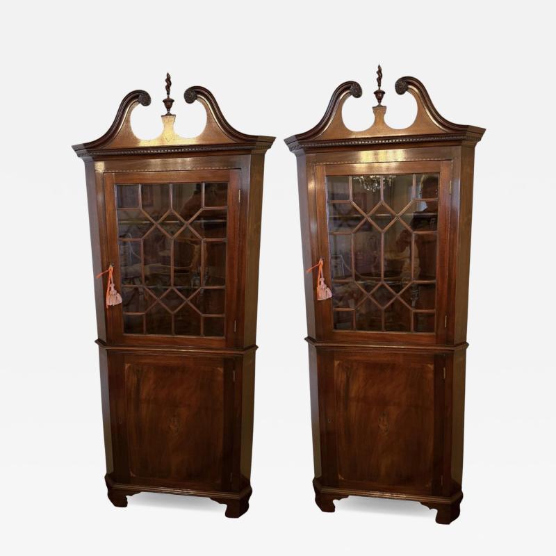 Pair of Antique Early 19c Chippendale Style Corner Cabinets