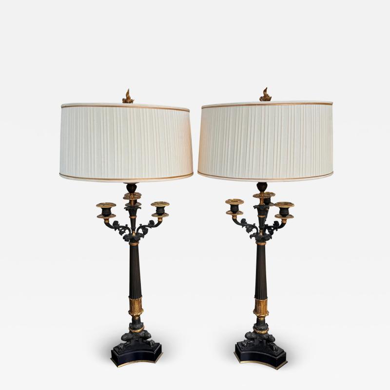 Pair of Antique Empire Gilt Bronze Candelabra Table Lamps