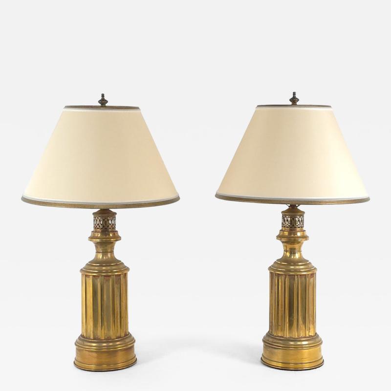 Pair of Antique English Brass Oil Lamps Now Electrified