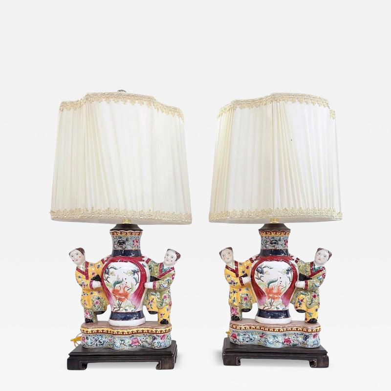 Pair of Antique Famille Rose Chinese Pottery Figural Designer Table Lamps