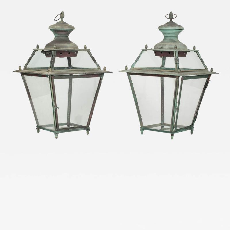 Pair of Antique French Glass Paneled Copper Lanterns