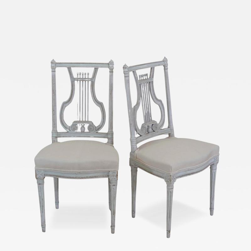 Pair of Antique French Neoclassical Painted Chairs in Antique Linen