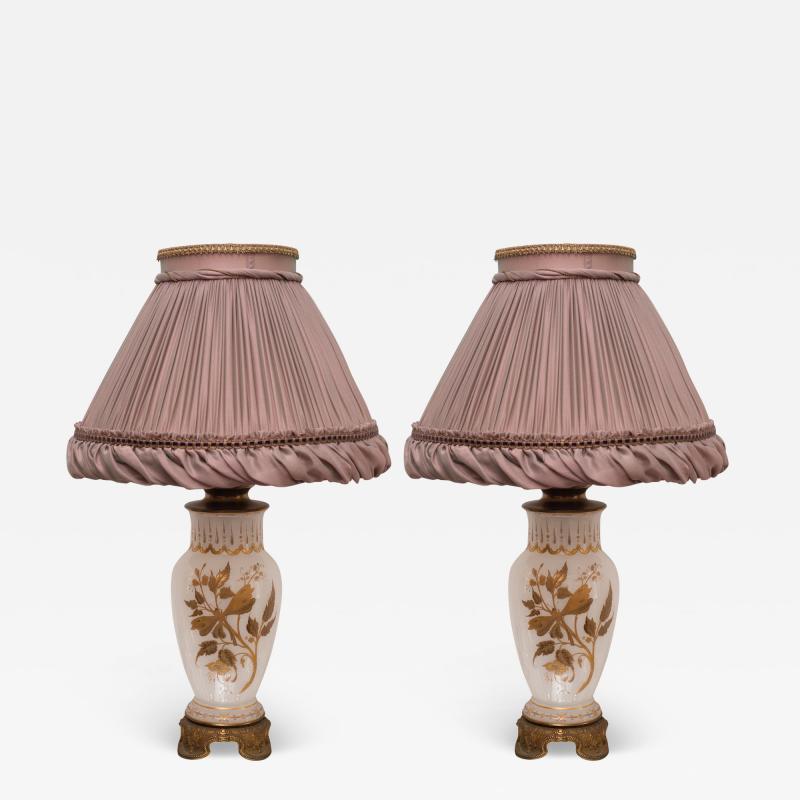 Pair of Antique French White Opaline Glass Bronze Lamps with Purple Silk Shade