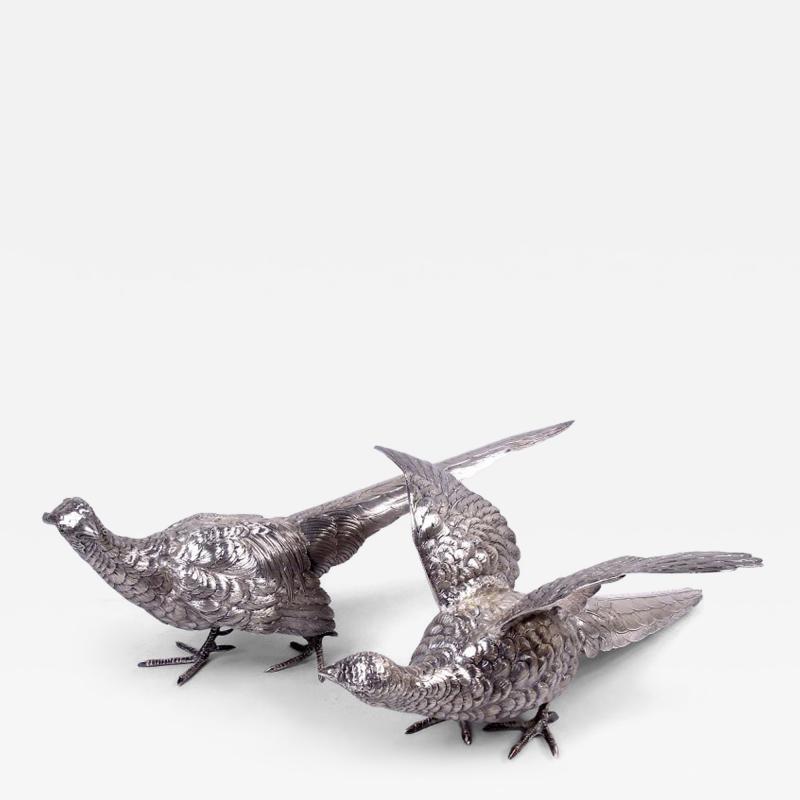 Pair of Antique German Silver Centerpiece Pheasants Game Birds