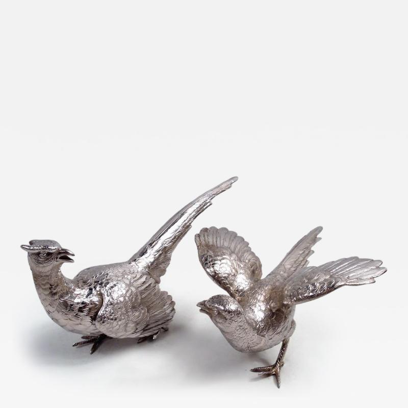 Pair of Antique German Silver Pheasants Game Birds Table Ornaments